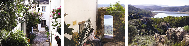 Altes Pflaster, weiße Häuschen und üppige Pflanzenpracht im Innern des alten Castillo (L) – Überaus Romantisch und etwas versteckt: Balkon der Liebenden (Mitte) – Beeindruckende Ausblicke über die Landschaft des Staussees Guadaranque (R).